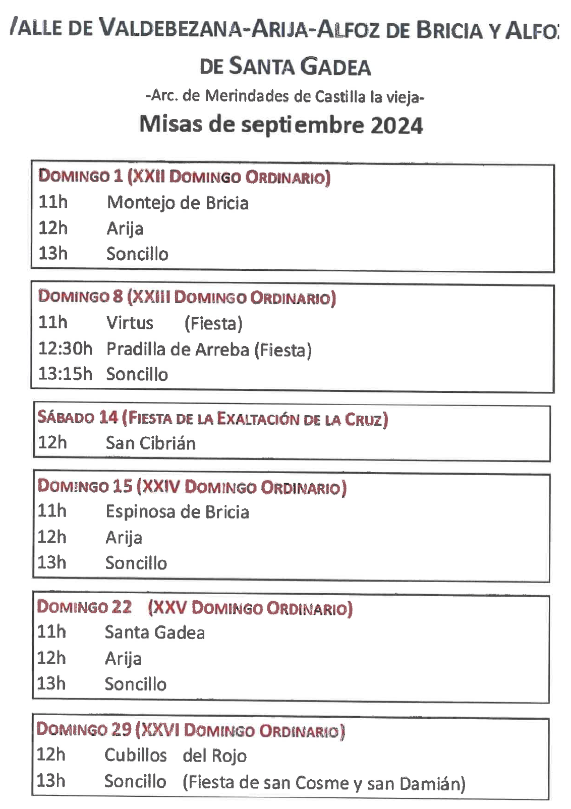 "HORARIO MISAS SEPTIEMBRE 2024"